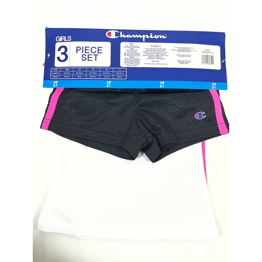 Champion‎ 3 Piece Set Girls 2T Pink Tee White Tank Black Shorts Playwear Active - Picture 2 of 5
